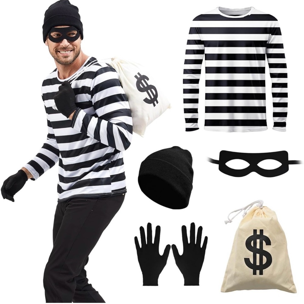Men's Black & White Striped Burglar Costume Shirt - Unbranded